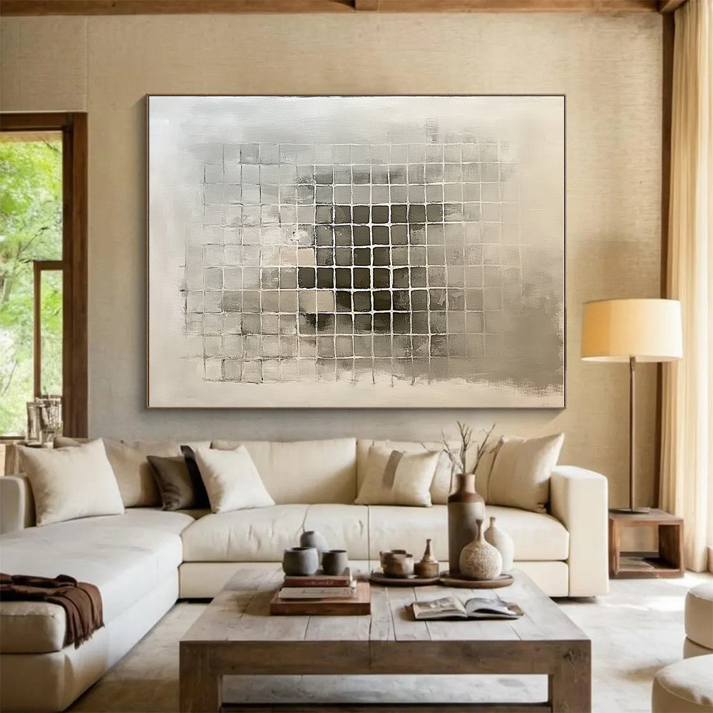 Gray - Toned Grid Abstract Painting with Subtle Variations GER227