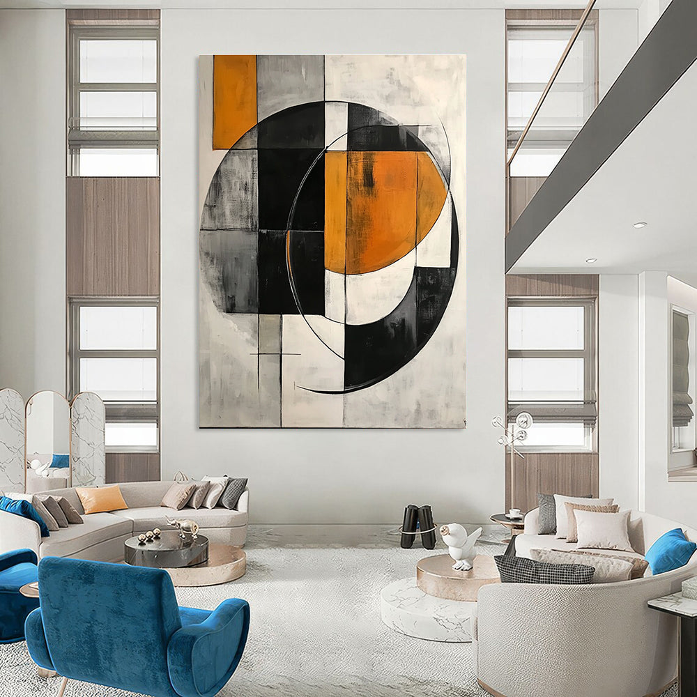 Large abstract painting featuring simple geometric shapes, circles, and half-circles in shades of gray, orange, black, and white.STSC221