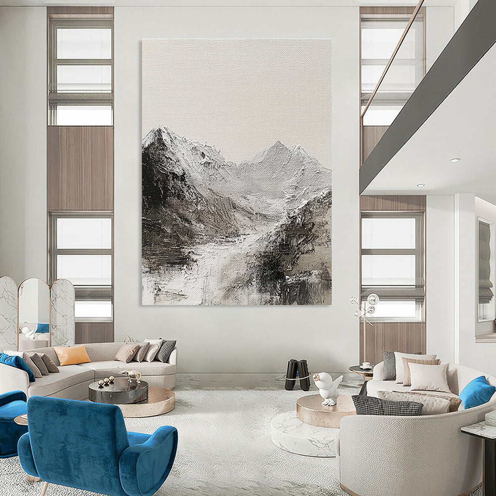 Large abstract painting of the English Lake District mountain range featuring textured canvas monochromatic gray and white oil paint abstract brush strokes.STSC642