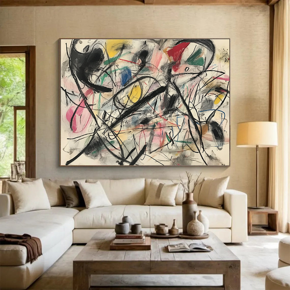 A large abstract painting featuring chaotic movement and energy with bold muted colors creating an exciting composition of fast-moving shapes and lines.SC303