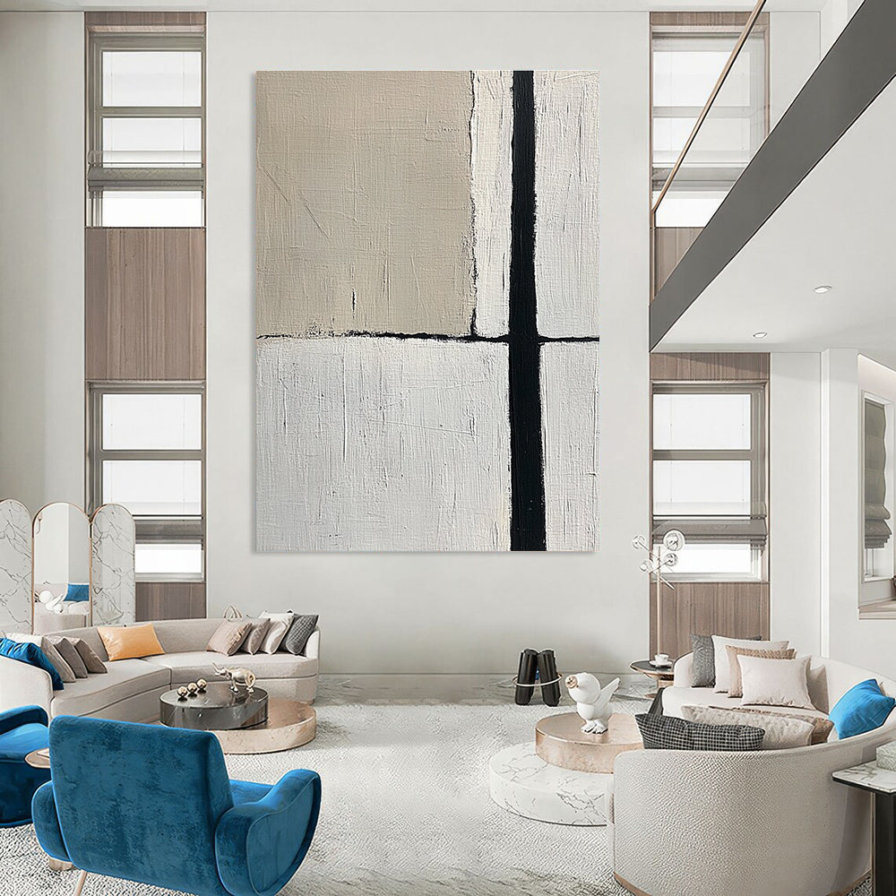 Large abstract painting featuring a minimalistic design with an empty space and a single black vertical line in beige and gray tones.STSC260