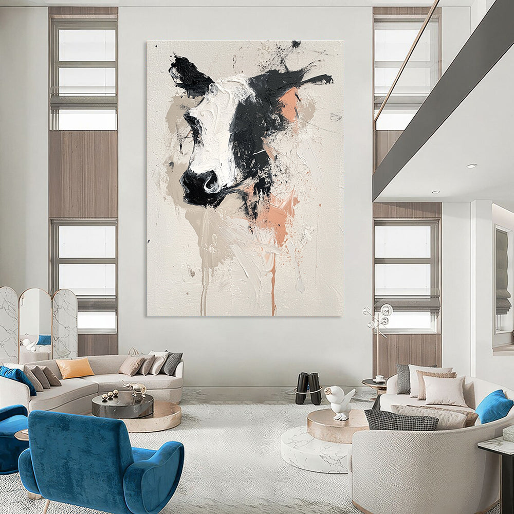 Large abstract painting featuring an animal design on white background with gray black pink and beige hues and expressive thick brush strokes.STSC048