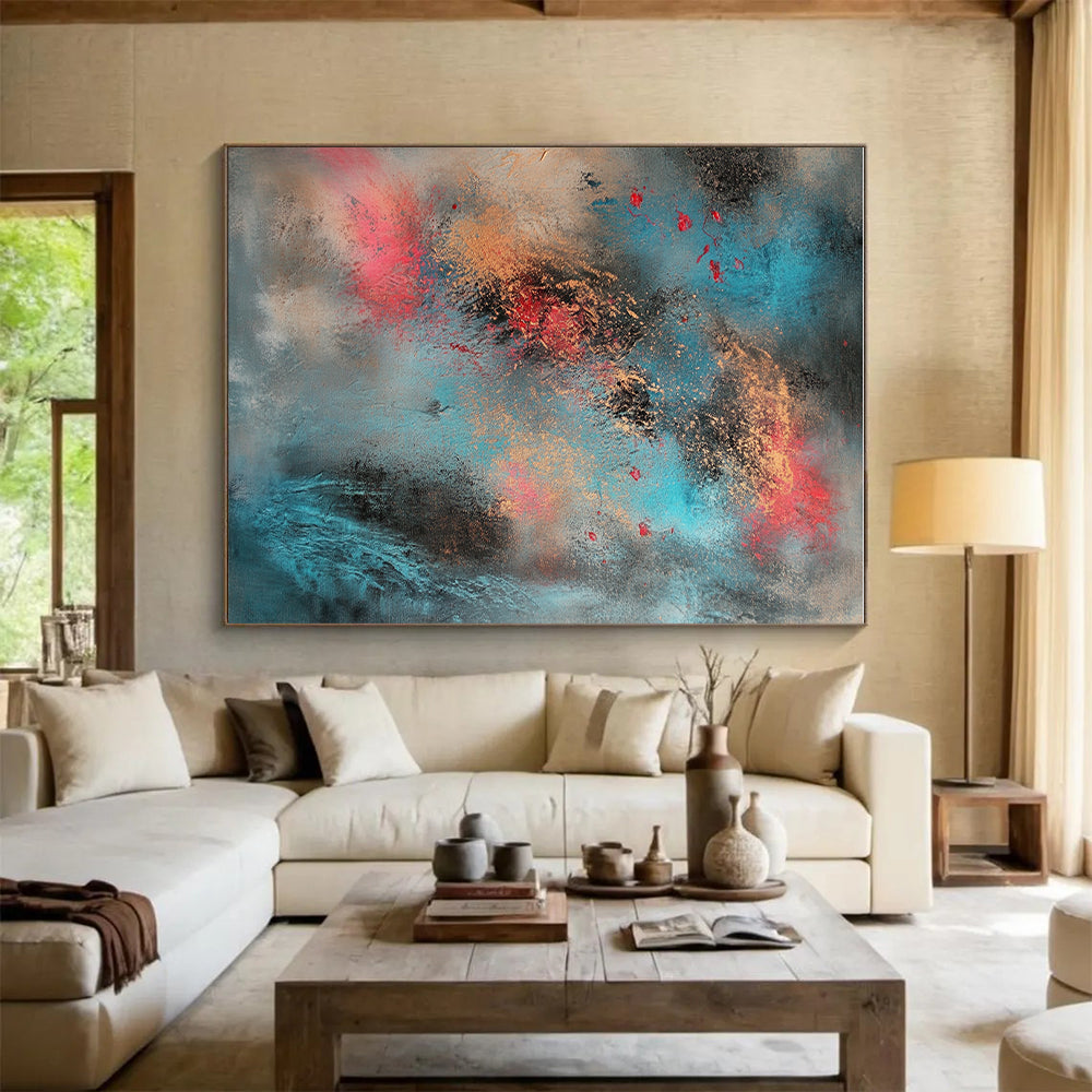 Blue Gold and Red Abstract Painting with Dynamic Splashes GER661