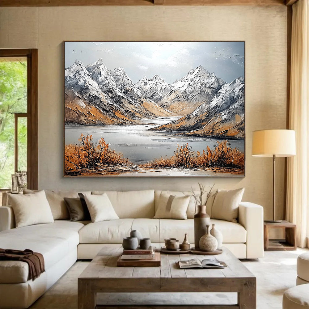 Large abstract painting featuring snowy mountains and intricate textures with a panoramic view of a distant river and soft light.SC611