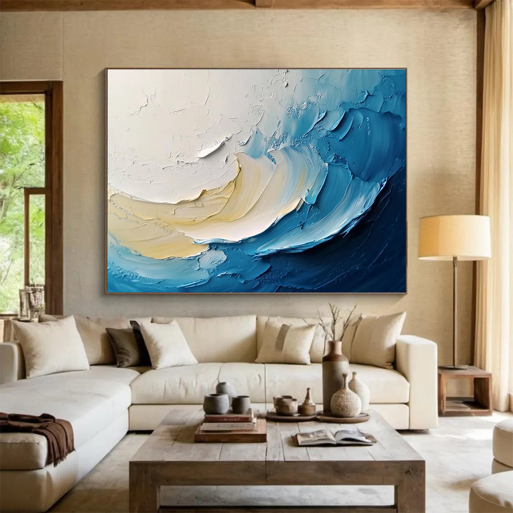 Textured Wave Abstract Painting with Blue and Beige Tones DYP526