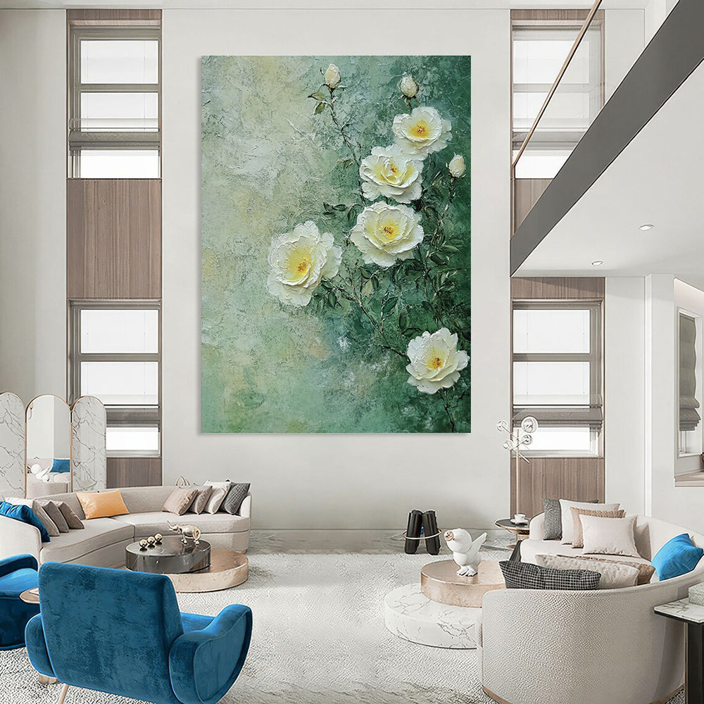 A large abstract painting featuring white roses on a light green background with soft tones and delicate brush strokes inspired by nature.STSC1490