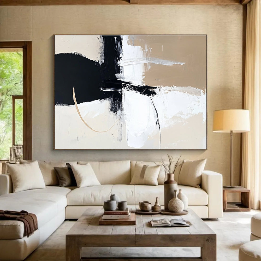 Large abstract painting in black white and beige featuring thick brush strokes and bold shapes for modern decor.SC499