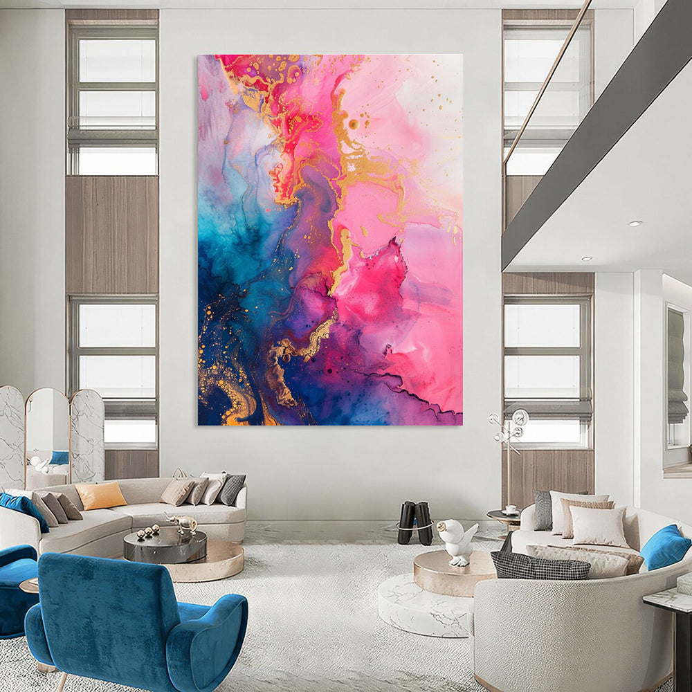 Pink Blue and Gold Fluid Abstract Painting ADGE286