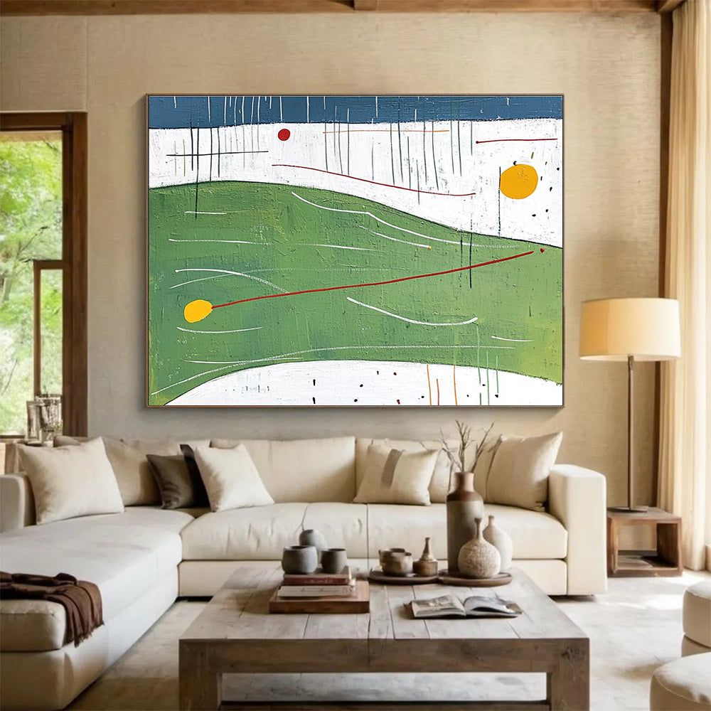 Large abstract painting featuring flat shapes and lines in green with yellow bubbles orange curves and red arrows against a white background and blue sky.SC176