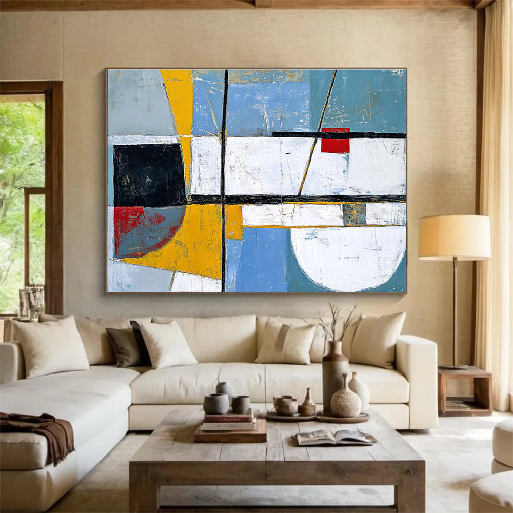 An abstract painting featuring white, blue, and grey shapes enhanced with yellow and red accents in the style of Paul Cézanne.SC391