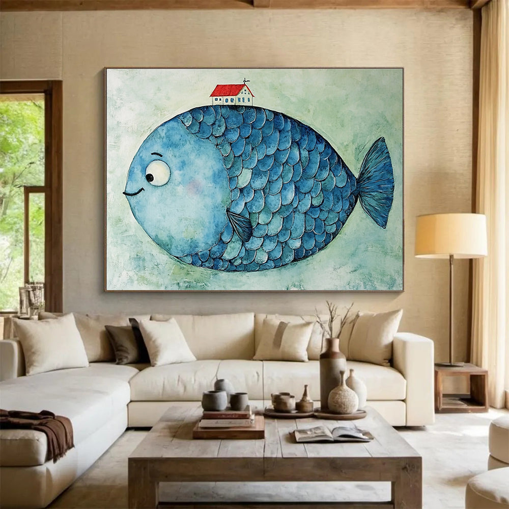 A large abstract blue fish with ripple-like scales and a small red house on its head against a light green textured background.SC478