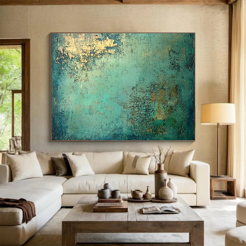 An abstract painting highlighting molten copper with a vibrant patina of green and blue, inspired by the style of Jeremy Mann.SC593