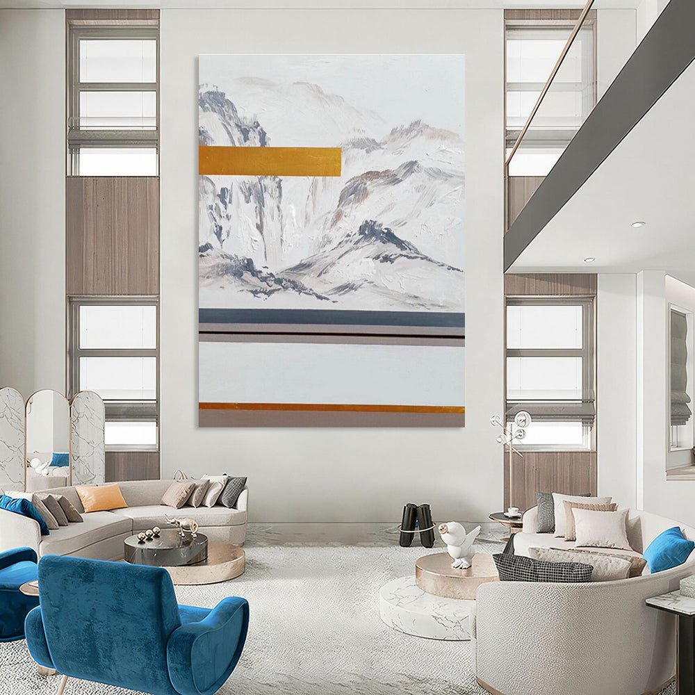 White Grey Gold Mountain Abstract Painting ADGE045