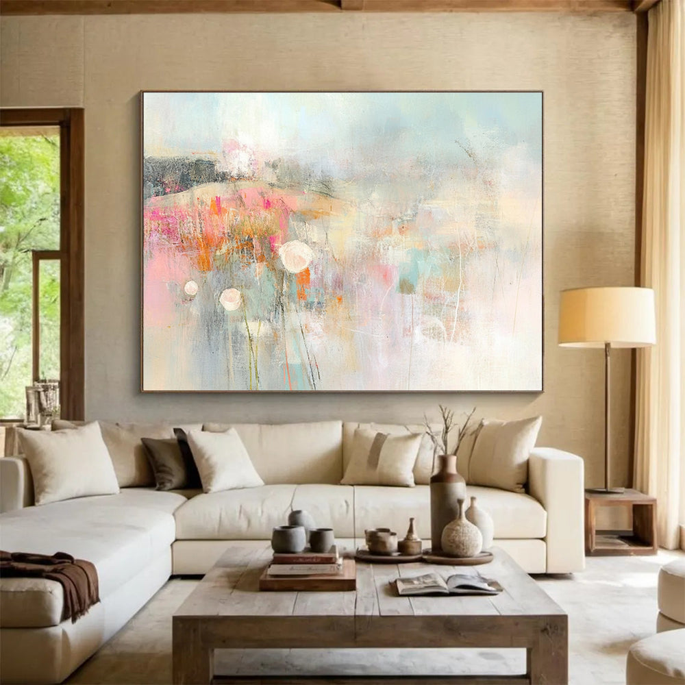 An abstract expressionist painting of the English countryside featuring muted pastel colors soft brush strokes and blurred edges.SC310