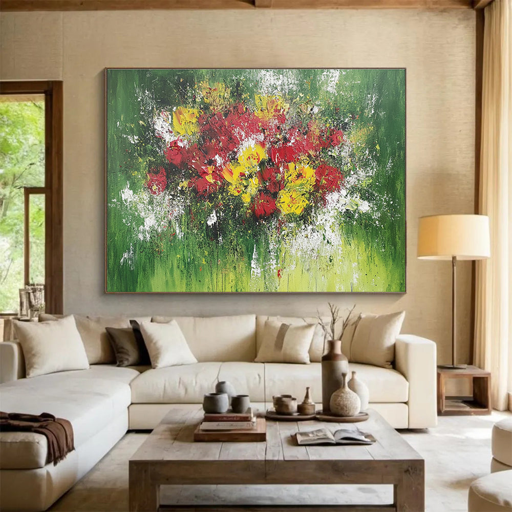 Green Background Colorful Flower Bouquet Abstract Painting DYP070