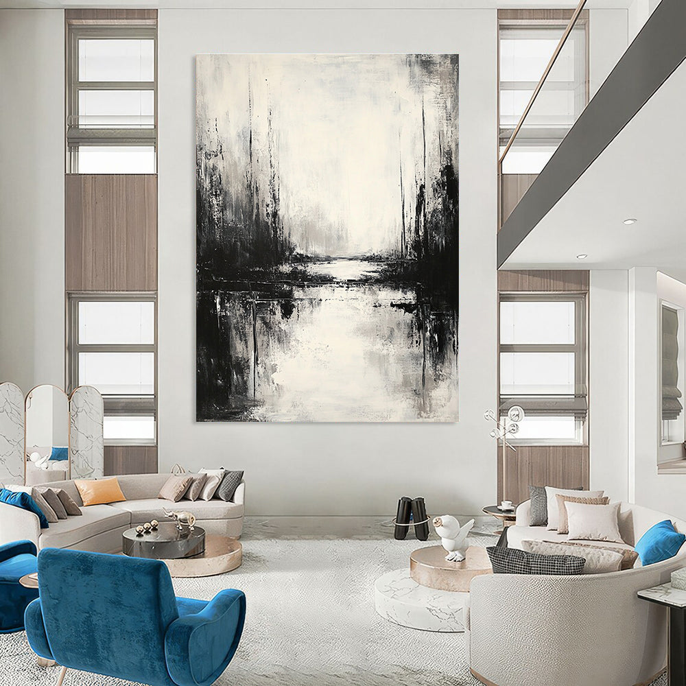 Large abstract painting featuring an atmospheric landscape in neutral tones with low contrast and muted colors, creating a serene monochromatic reflection.STSC021
