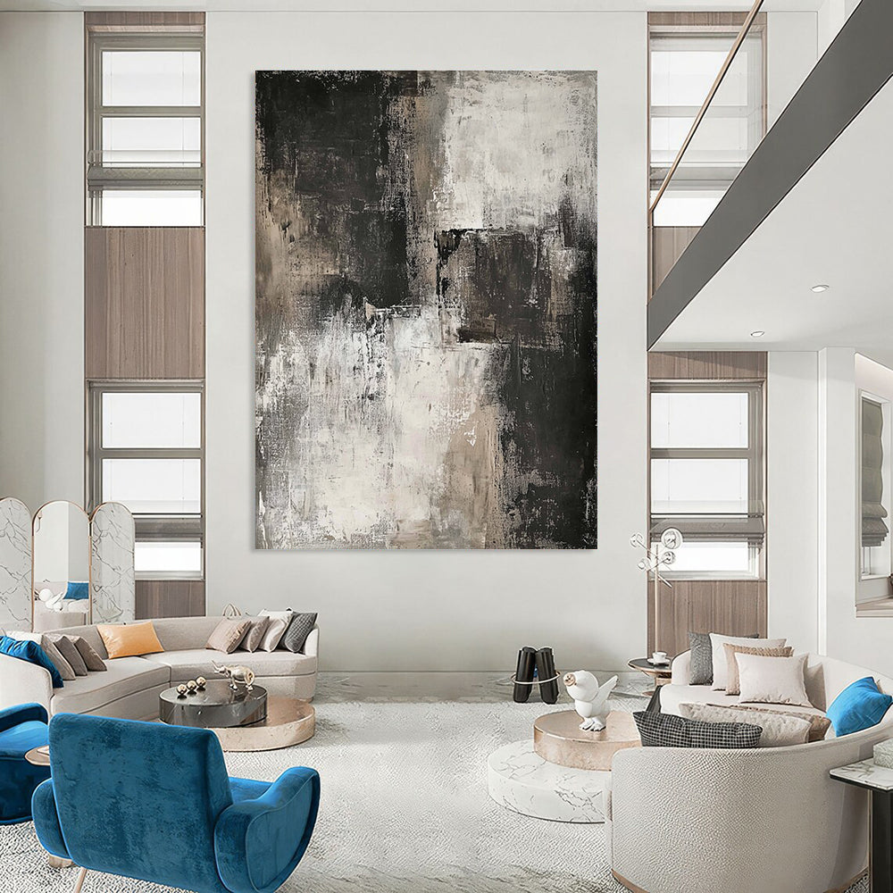 Large abstract painting in neutral tones featuring dark gray and white for a striking contemporary aesthetic.STSC069