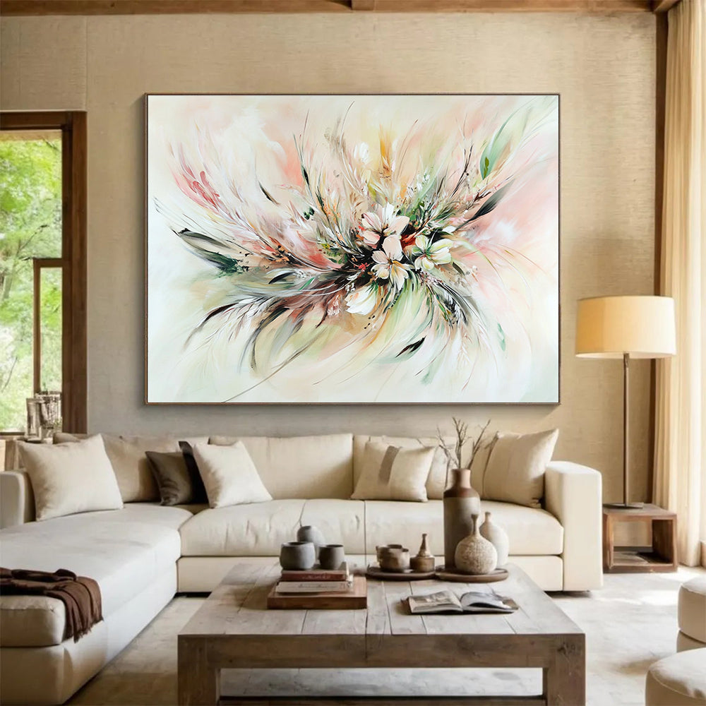 A large abstract painting featuring soft pastel floral arrangements with feathers and leaves, showcasing swirling patterns and expressive brushstrokes for depth and emotion.SC555