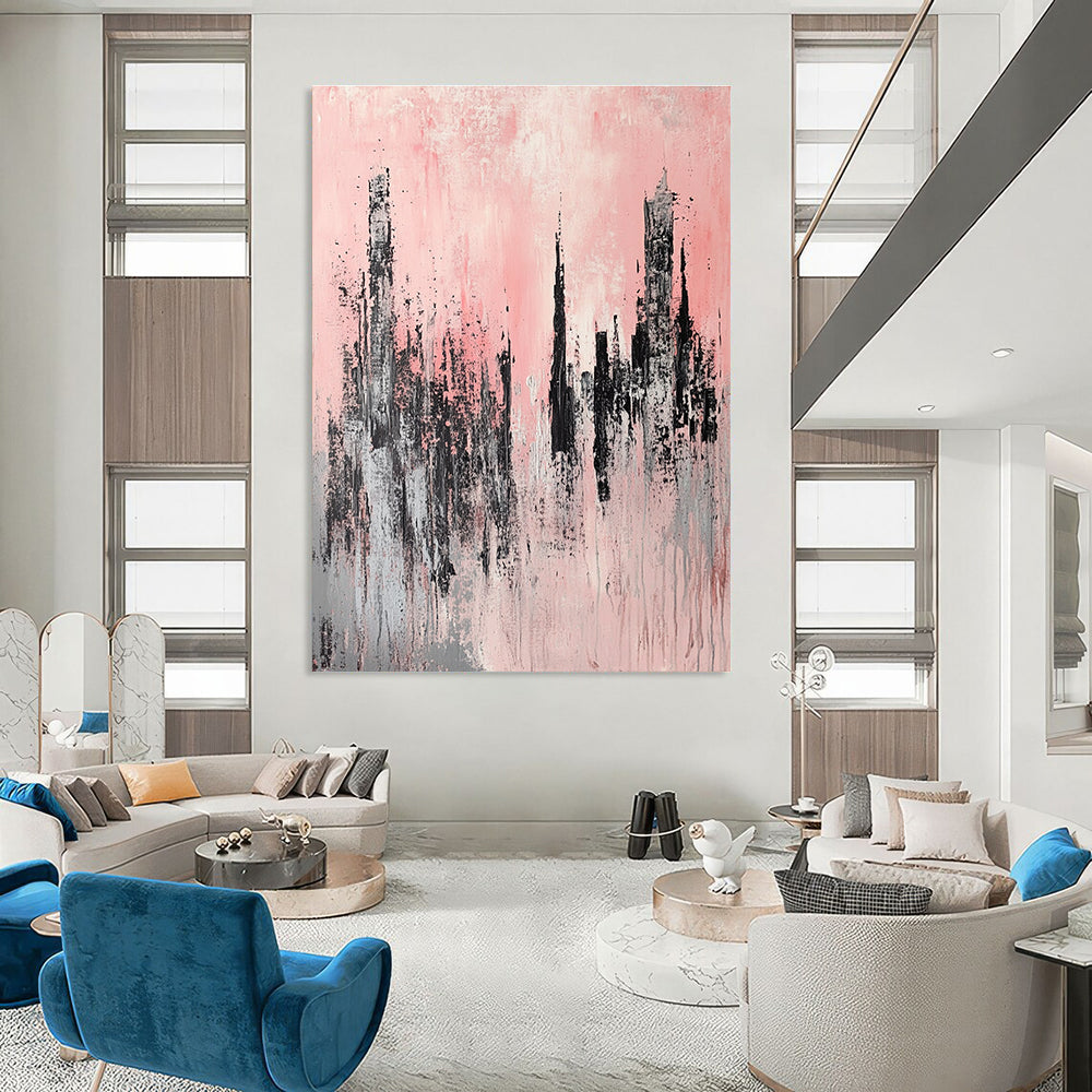 Large abstract painting of skyscrapers featuring light pink and grey colors with soft brush strokes in a modern urban landscape style.STSC331