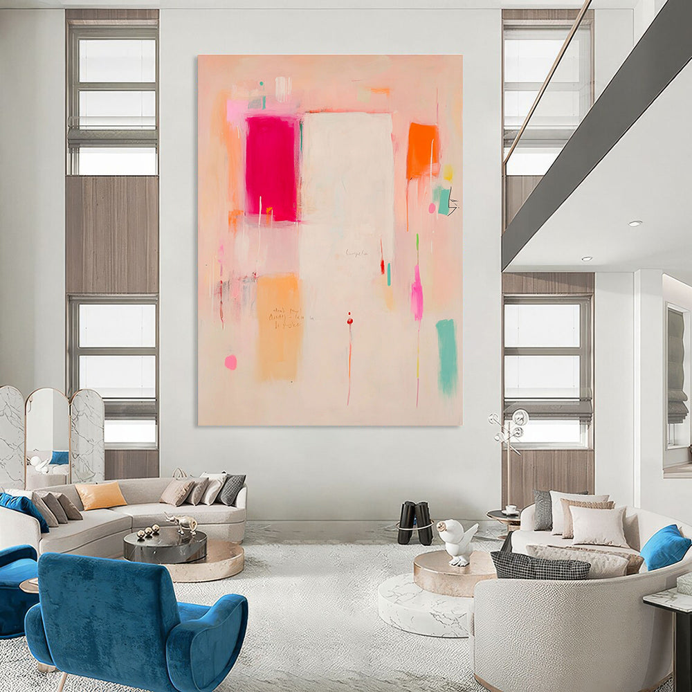 Large abstract painting in soft pink peach and orange tones featuring a white central area with red and yellow accents and expressive shapes.STSC809