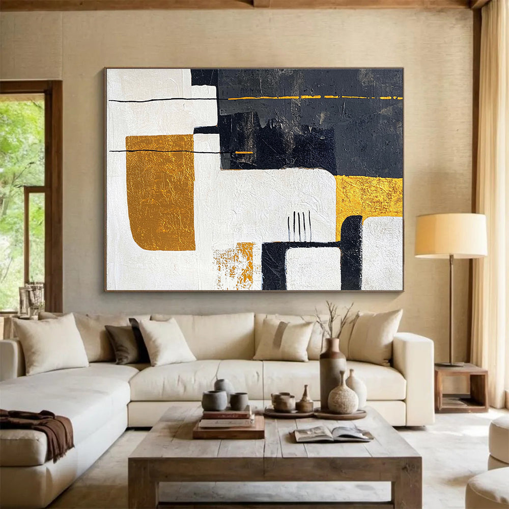 Black White Gold Abstract Painting with Geometric Elegance DYP425