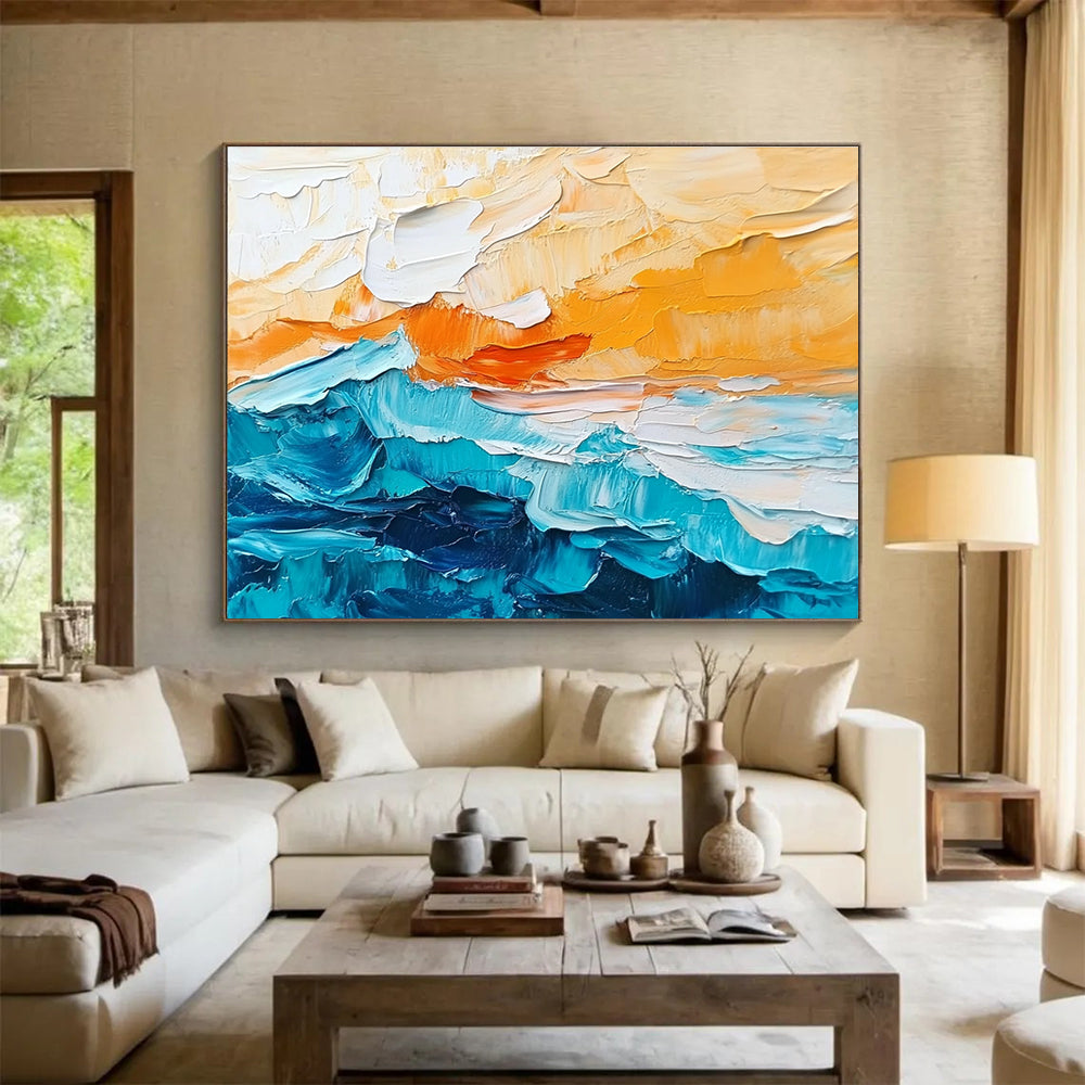 Textured Orange and Blue Waves Abstract Seascape Painting DYP291