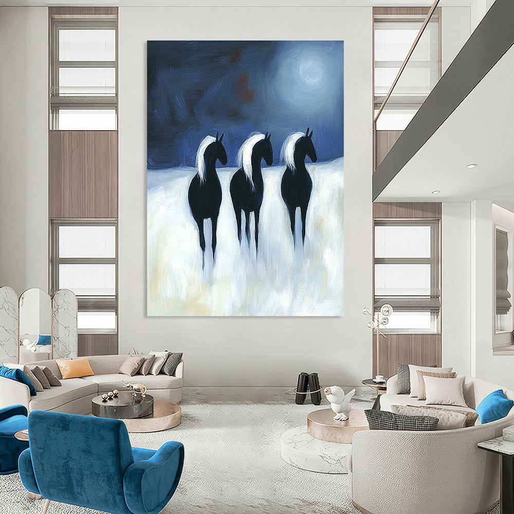 Abstract painting featuring three black horses with white manes running under moonlight on a white background in a flat two-dimensional style.STSC1443