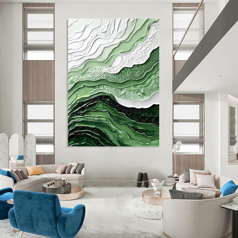 Large abstract painting in shades of green and white features fluid lines and waves with intricate details and a hyper-realistic texture.STSC445