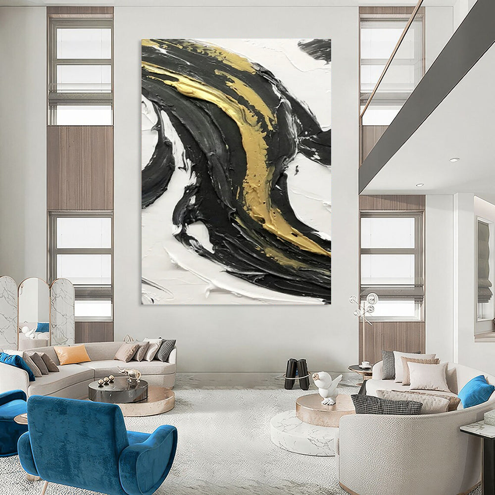 Gold - Enhanced Black and White Swirl Abstract Art with Rich Textures ADGE379