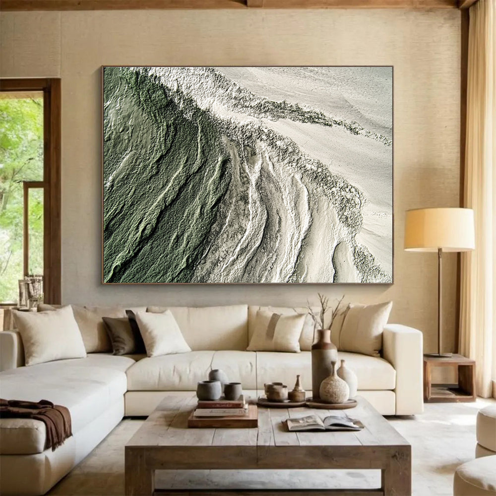 Large abstract painting showcasing hyper-realistic textures of sand, sea, and moss-green and grey hues for a captivating artistic experience.SC577