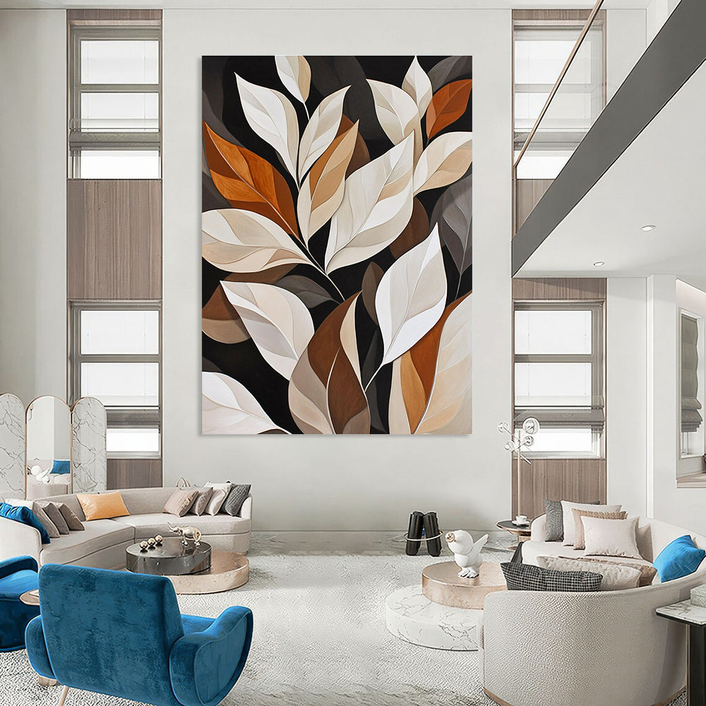 Large abstract painting of white leaves on a black background featuring elegant brown and beige tones with detailed foliage and soft lines.STSC1151