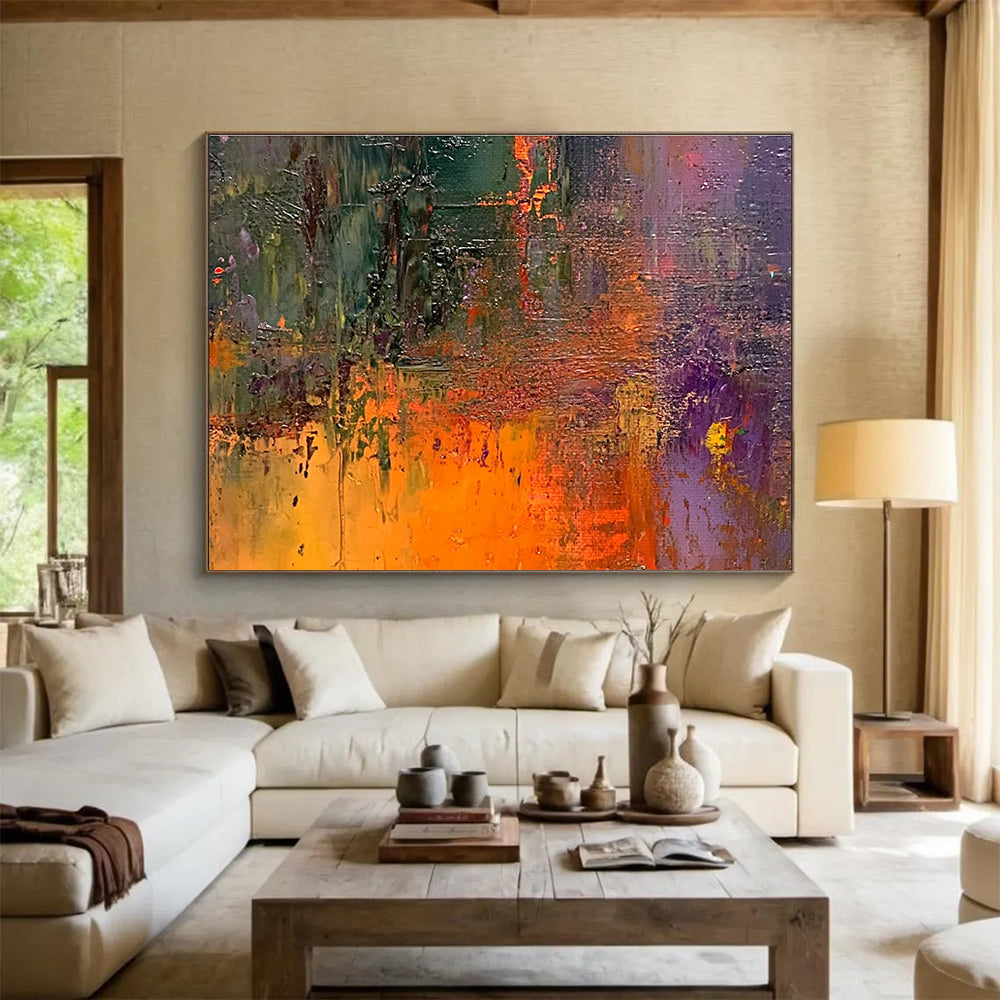 Vivid Textured Abstract Painting with Green Orange and Purple DYP516