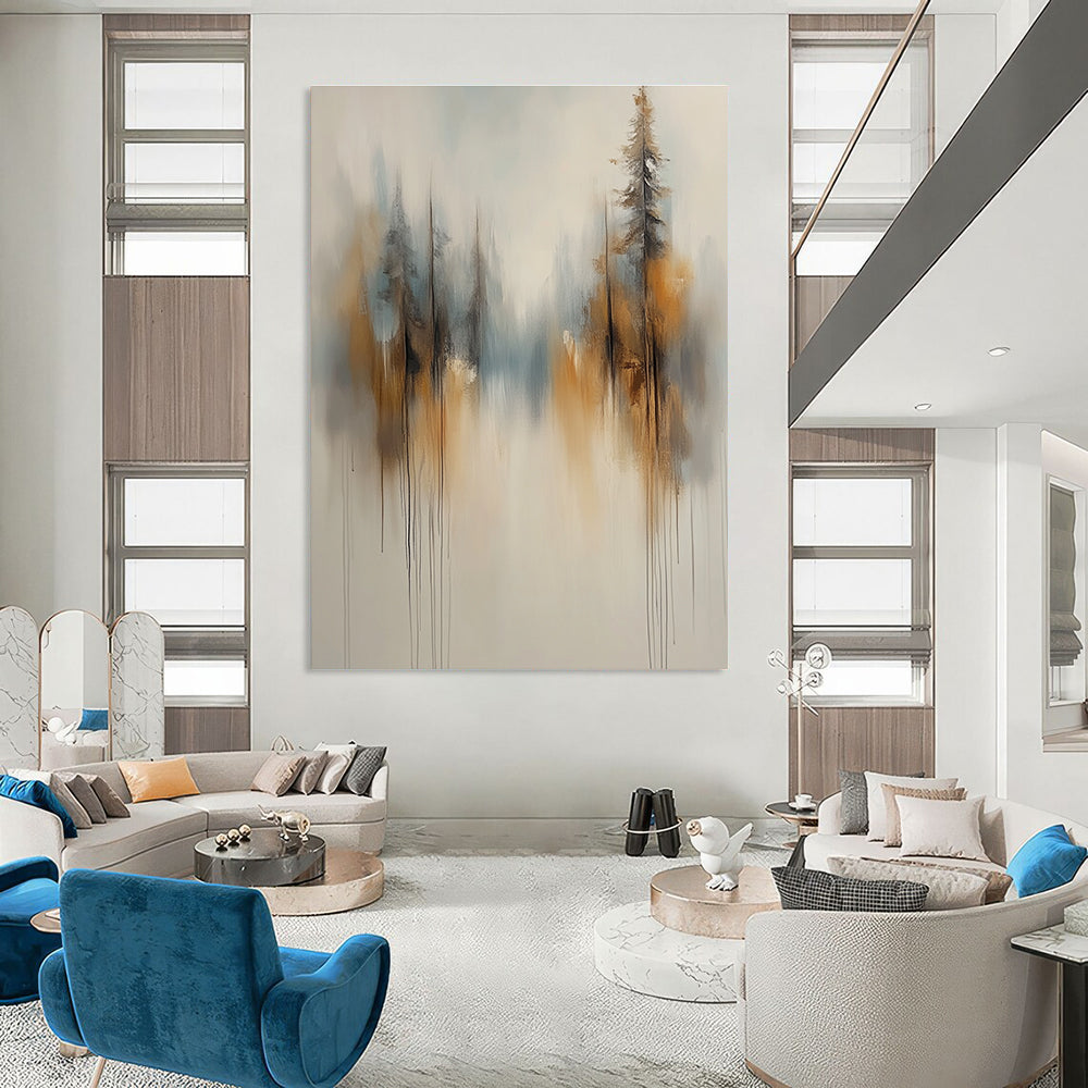 Large abstract painting of soft white and grey trees with brown and blue accents featuring a smoke-like background and blurred edges.STSC710