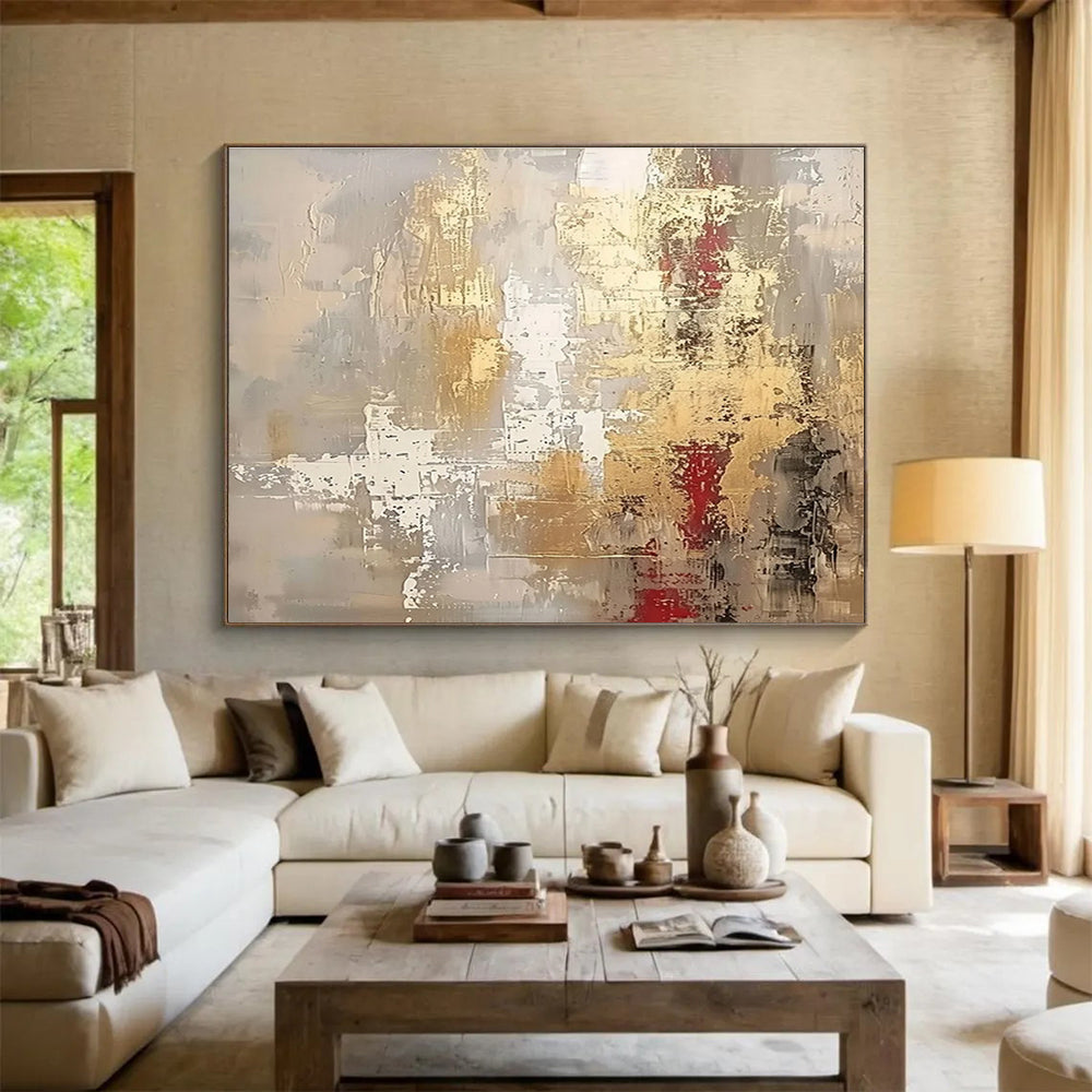 Gold Red Grey Abstract Textured Painting THY044