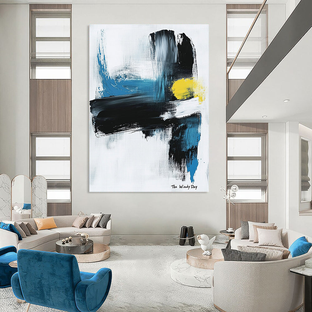 Large abstract painting in black and white with blue or yellow accents on light gray background featuring text The Windy Day.STSC1070