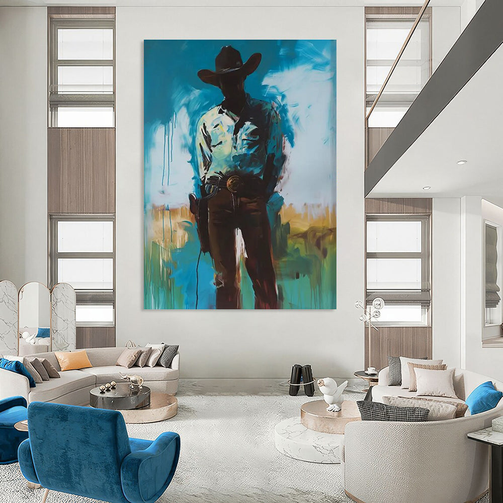 Silhouetted Cowboy in Blue Abstract Painting ADGE102