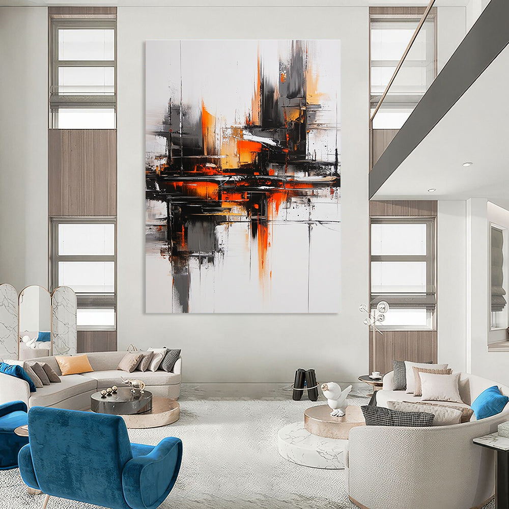 Large abstract oil painting featuring a gray and orange color scheme with a black cityscape bold brush strokes and heavy shadows for a mysterious atmosphere.STSC1353