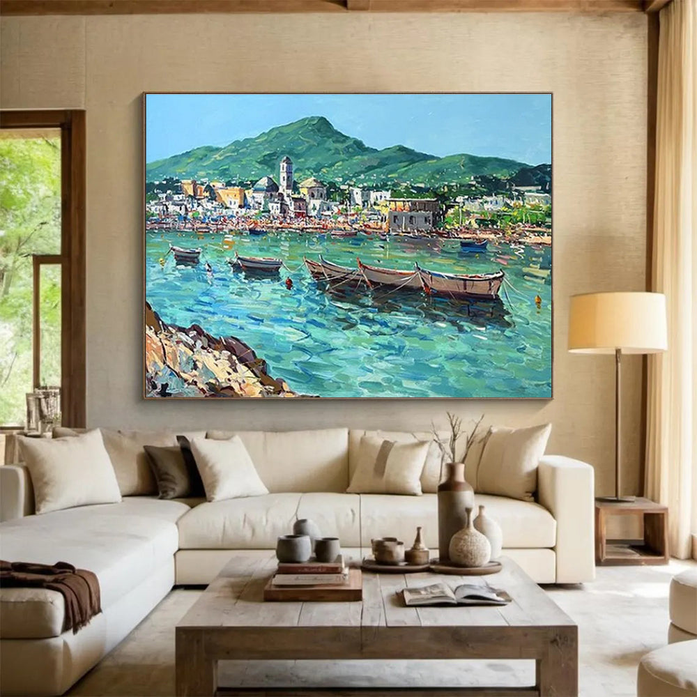 Blue Green Coastal Village Abstract Painting THY467