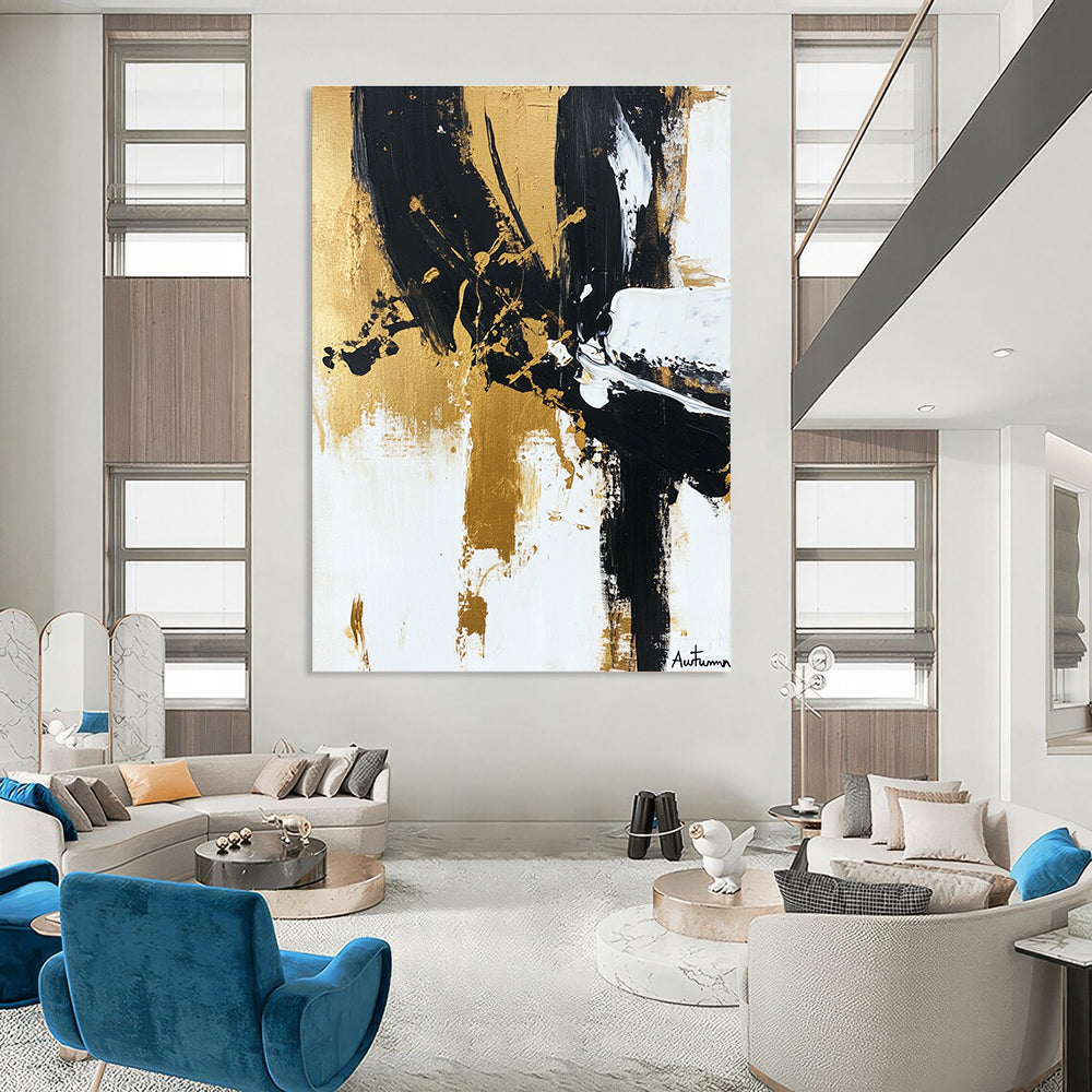 Large abstract painting of Autumn in black white and gold featuring loose brushstrokes and textured layers for elegant depth and simplicity.STSC1066
