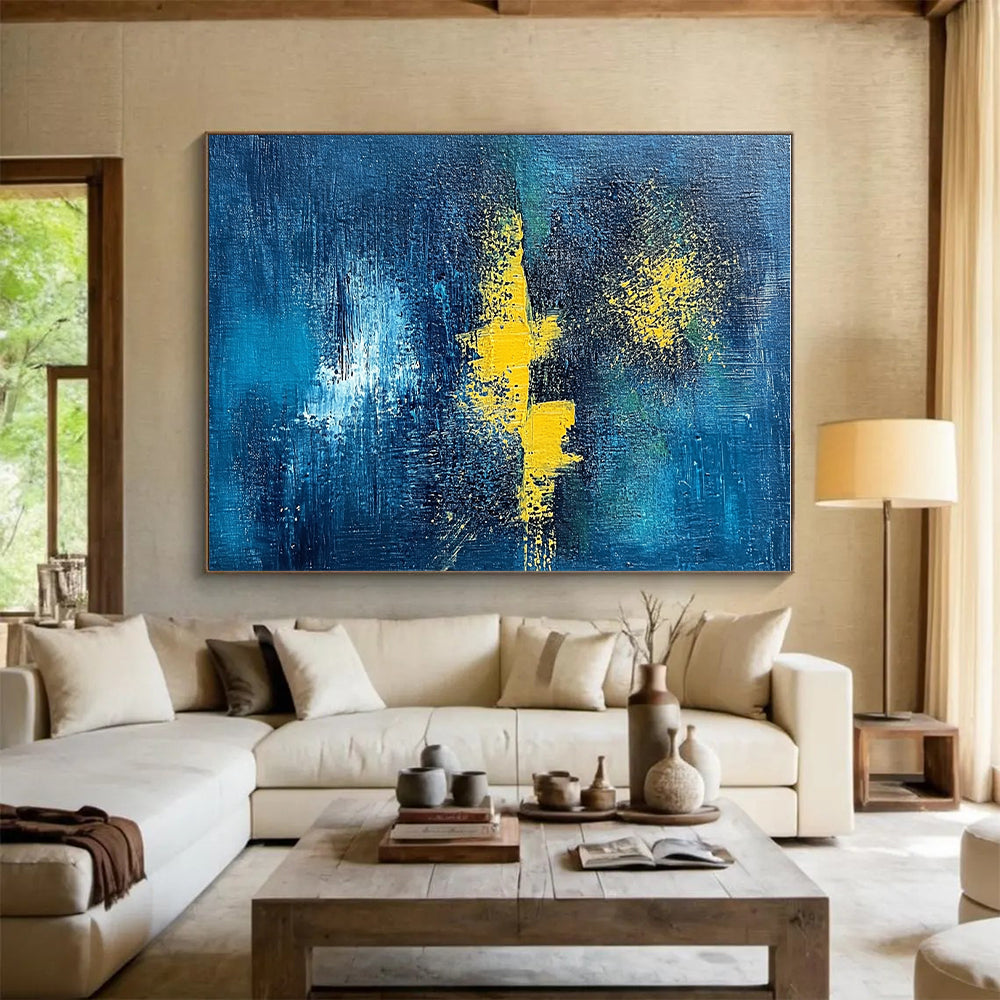 Dark Blue and Yellow Abstract Painting with Ethereal Glows GER394