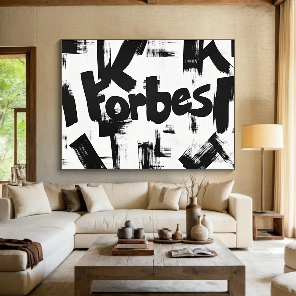A large abstract artwork featuring the bold yet graceful lettering of K Forbes, showcasing soft curves and dynamic brush strokes in black ink on white paper.SC469