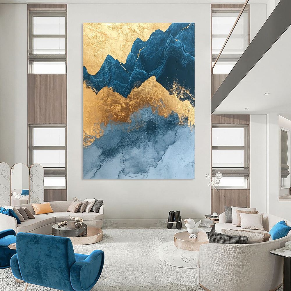 Abstract painting with marble texture rounded edges in gold foil and dark blue glass outlines featuring mountains and simple decorative lines.STSC1312