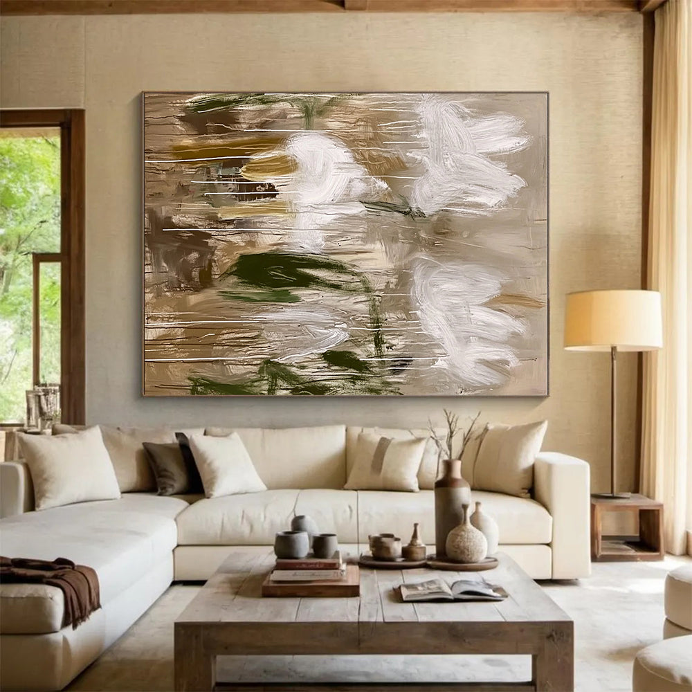Abstract White Flowers Painting with Earthy Tones GER623