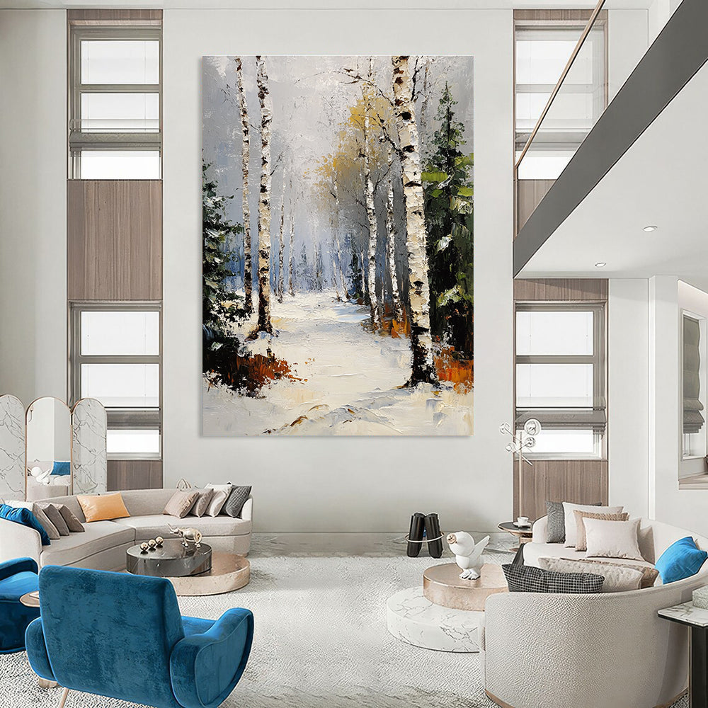 Abstract painting of a winter birch forest with pines under a grey sky and snowfall featuring thick impasto brush strokes.STSC1381
