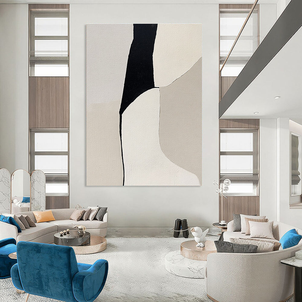 Abstract painting featuring a woman's form in shades of gray and beige on light gray canvas highlighting minimalism and depth through negative space.STSC792