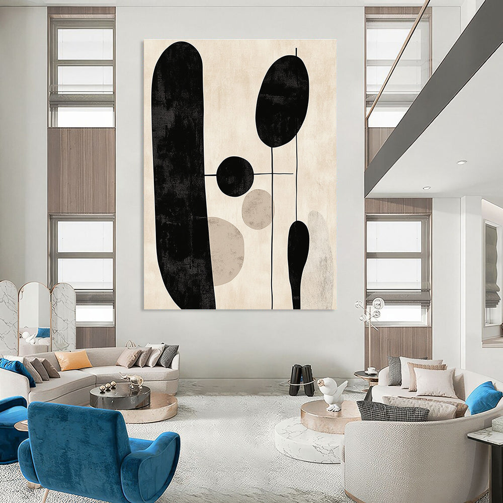 Large abstract artwork features minimalist black and white line art against a beige background with muted colors.STSC1330