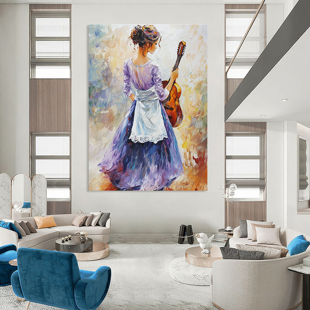 Large abstract oil painting featuring an elegant figure in a light purple dress and dark blue skirt holding a guitar with vibrant colors and soft lighting.STSC1373