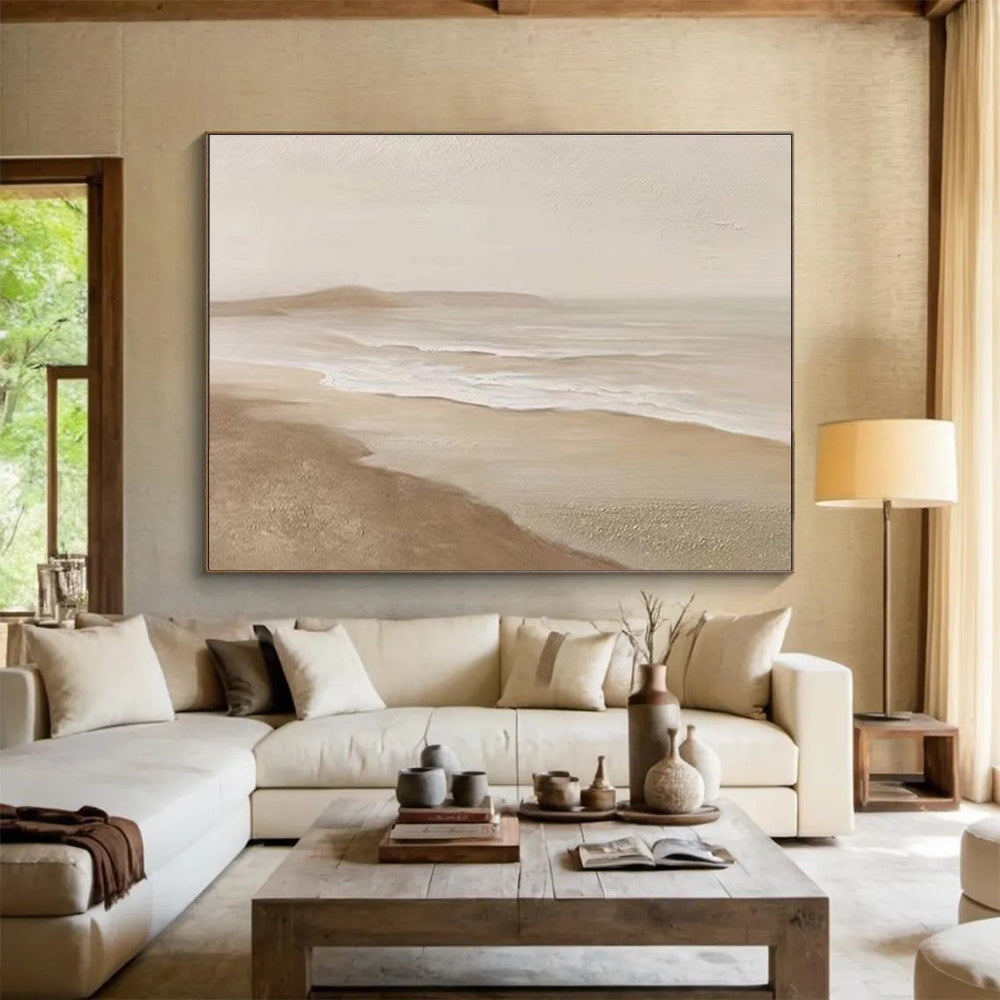 Beige Coastal Abstract Painting with Soft, Dreamy Atmosphere THY397