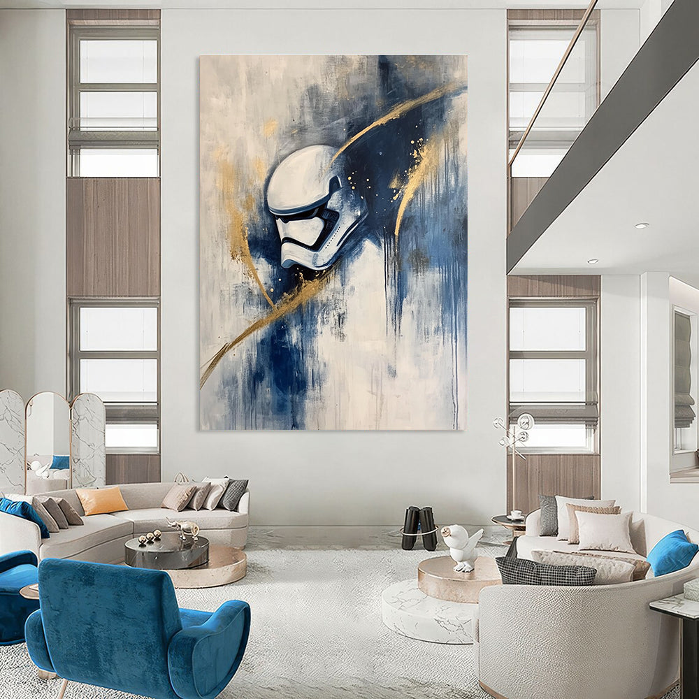 Abstract painting of a stormtrooper in action featuring white and blue tones with gold highlights in an Abstract Expressionism style on canvas.STSC667
