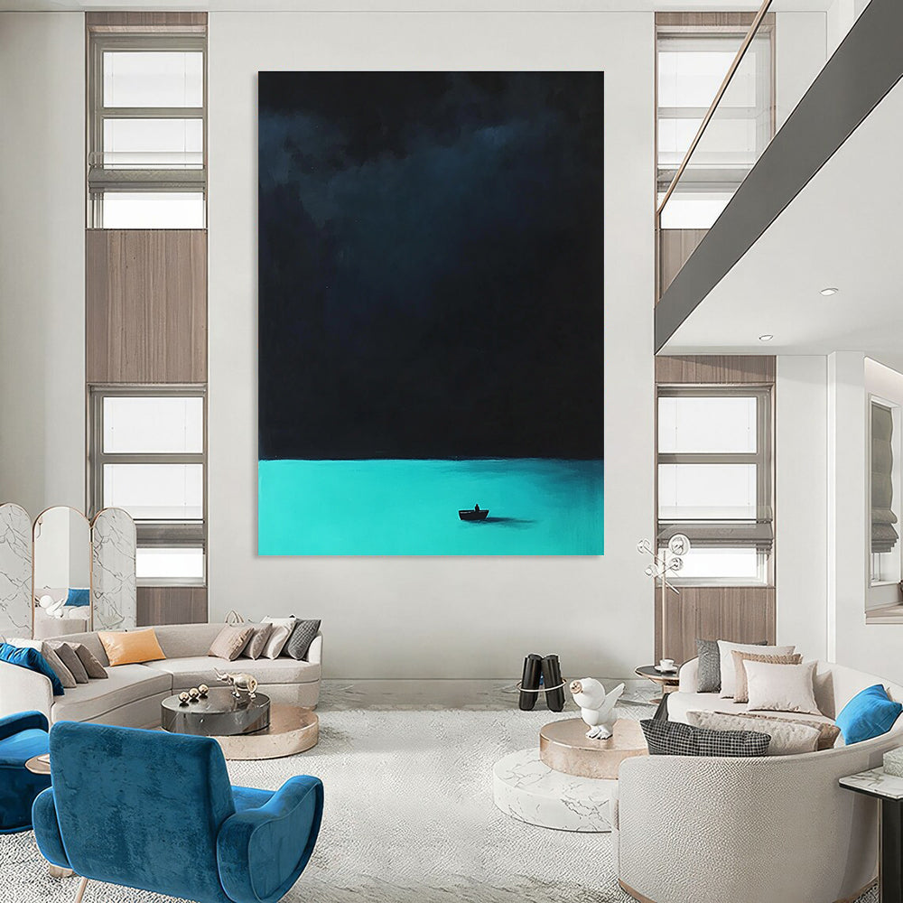 Abstract painting featuring a tranquil turquoise sea and a mysterious dark sky with blurred figures and underwater creatures creating an enchanting atmosphere.STSC1303